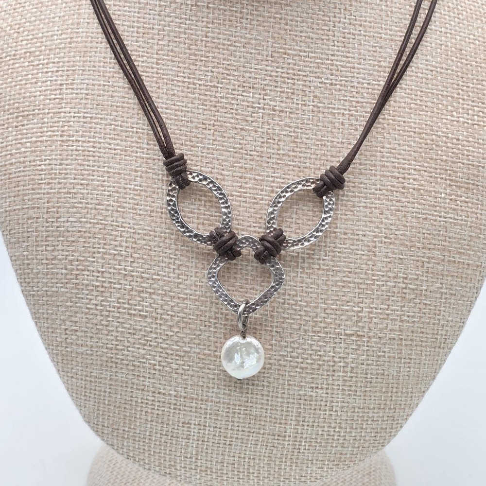 SILPADA Coin Pearl Necklace Hammered 925 Sterling Silver 2-Strand Cord‎ 19"